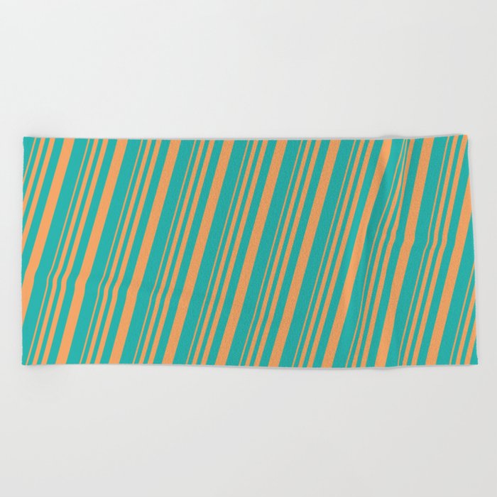 Brown & Light Sea Green Colored Lines/Stripes Pattern Beach Towel
