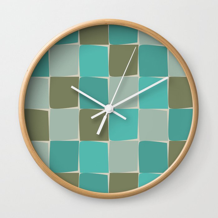 Flux Midcentury Modern Check Grid Pattern in Vintage Olive Green and Turquoise Teal Wall Clock