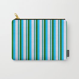 [ Thumbnail: Dark Green, Deep Sky Blue & Lavender Colored Lined/Striped Pattern Carry-All Pouch ]