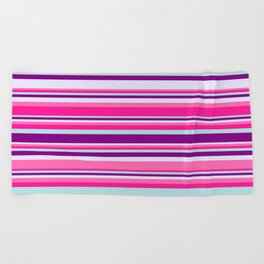 [ Thumbnail: Colorful Hot Pink, Deep Pink, Powder Blue, Purple, and Lavender Colored Lined Pattern Beach Towel ]