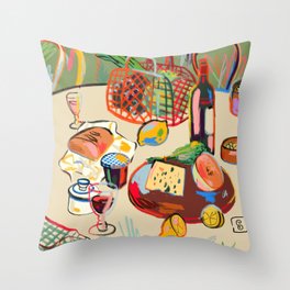 WINE BREAK Throw Pillow | Bread, Digital, Cheese, Curated, Colored Pencil, Garden, Drawing, Autumn, Citrus, Picnic 