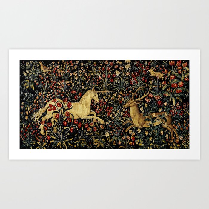 Medieval Unicorn Midnight Floral Garden Art Print