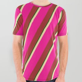 [ Thumbnail: Tan, Deep Pink, Brown & Dark Green Colored Stripes/Lines Pattern All Over Graphic Tee ]
