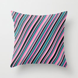 [ Thumbnail: Light Slate Gray, Dark Cyan, Hot Pink, Light Pink, and Black Colored Striped/Lined Pattern Throw Pillow ]