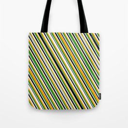 [ Thumbnail: Orange, Forest Green, Light Grey, Black & White Colored Striped Pattern Tote Bag ]