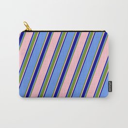 [ Thumbnail: Cornflower Blue, Green, Pink & Dark Blue Colored Striped/Lined Pattern Carry-All Pouch ]