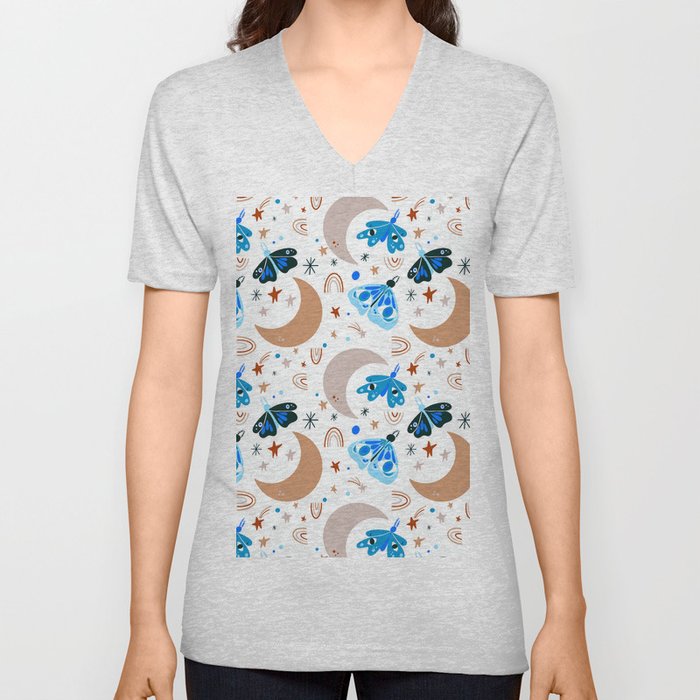 Moths and Moons - Brown & Blue V Neck T Shirt