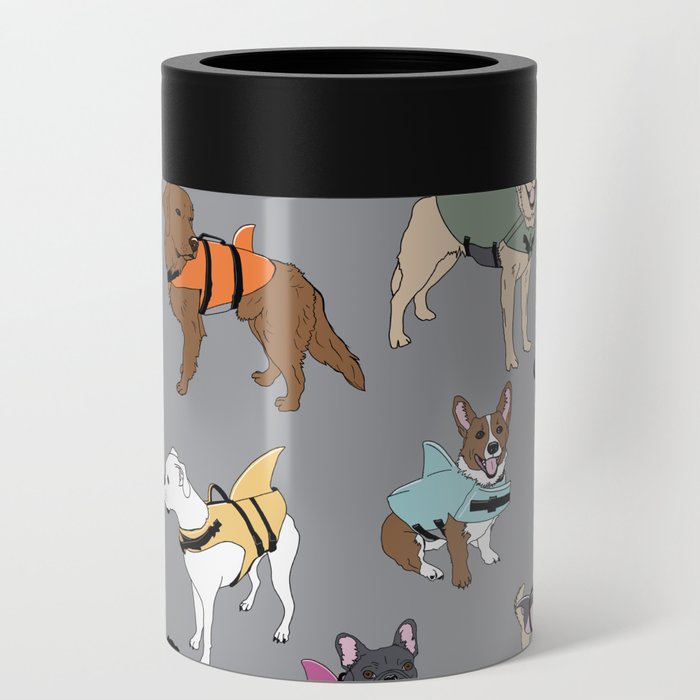 Dog Sharks (dogs in shark life-jackets) on grey Can Cooler