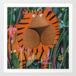 Tiger Peeking out of the Green Jungle Foliage by Children's Artist Carla Daly Art Print