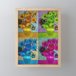 Vincent van Gogh Twelve Sunflowers in a vase still life colorful four-color collage portrait painting with pink, blue, and green sunflowers Framed Mini Art Print