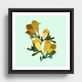 Freesias - Yellow Minimalistic Flower Art Pattern on Mint Green Framed Canvas