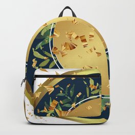 Green Leaves and Circle Gold Frame on a Circle Blue Gold Background Backpack | Circlegoldframe, Seamless, Greenleaves, Art, Digital, Pattern, Graphite, Goldcircle, Watercolorleaves, Transparent 