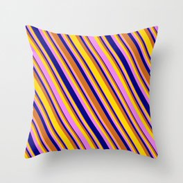 [ Thumbnail: Chocolate, Yellow, Violet, and Blue Colored Lined/Striped Pattern Throw Pillow ]