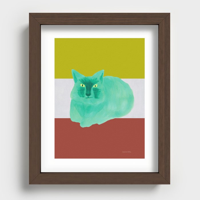 Green Big Face Cat - Yellow Green and Grey and Brown Stripe Recessed Framed Print