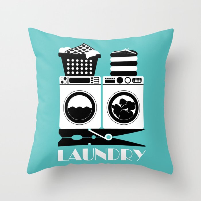 Retro Laundry Sign - Turquoise, Black and White Throw Pillow