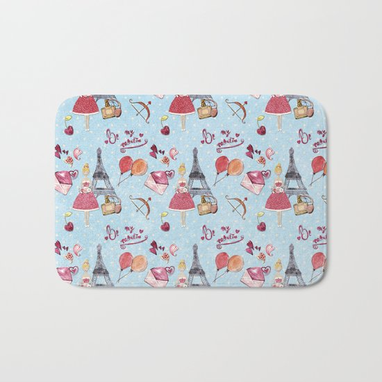 Love and Valentine in Paris France- Elegance Shopping Girly in pink on blue polkadots Bath Mat