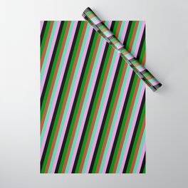 [ Thumbnail: Eye-catching Green, Sienna, Aquamarine, Plum & Black Colored Lines/Stripes Pattern Wrapping Paper ]