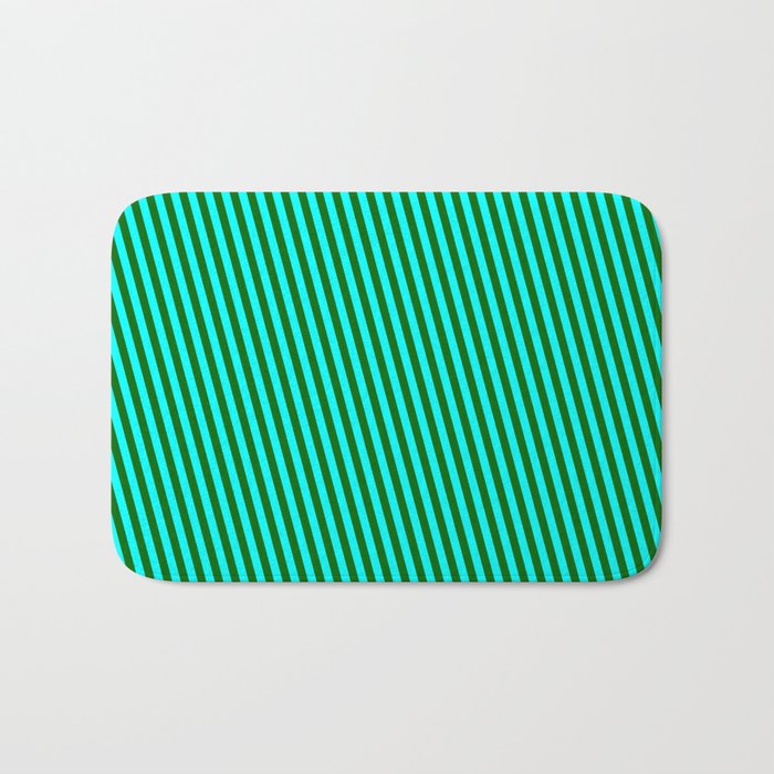 Cyan & Dark Green Colored Lines/Stripes Pattern Bath Mat