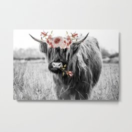 Highland Cow Landscape with Flowers Metal Print
