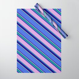 [ Thumbnail: Plum, Dark Cyan, Royal Blue, and Blue Colored Lined Pattern Wrapping Paper ]
