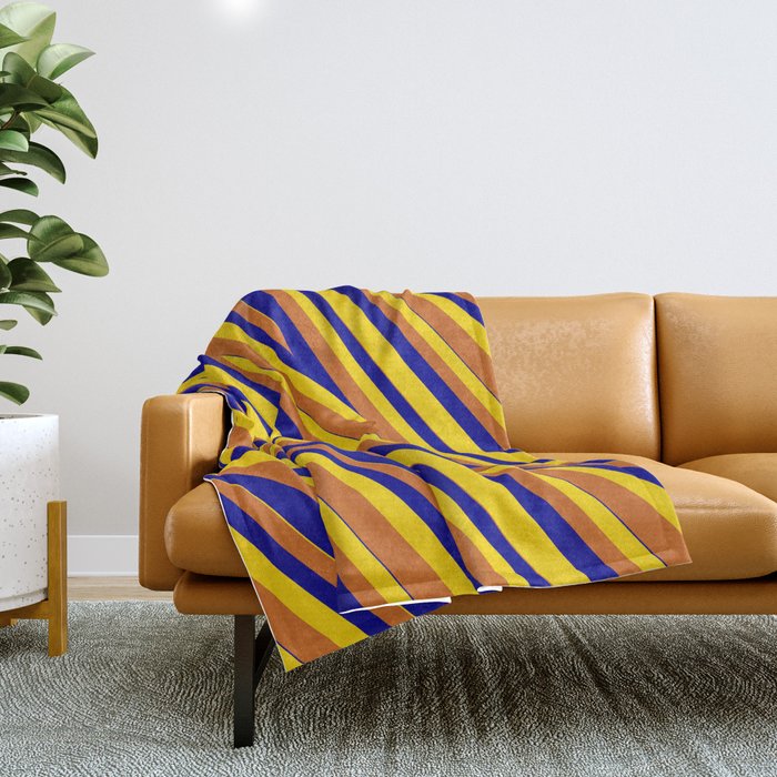 Dark Blue, Yellow, and Chocolate Colored Striped/Lined Pattern Throw Blanket