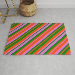 [ Thumbnail: Orchid, Green & Red Colored Stripes/Lines Pattern Rug ]