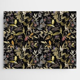 Watercolor Autumn Leaves Pattern On Black Background Jigsaw Puzzle