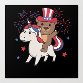 Bear With Unicorn For The Fourth Of July Fireworks Canvas Print