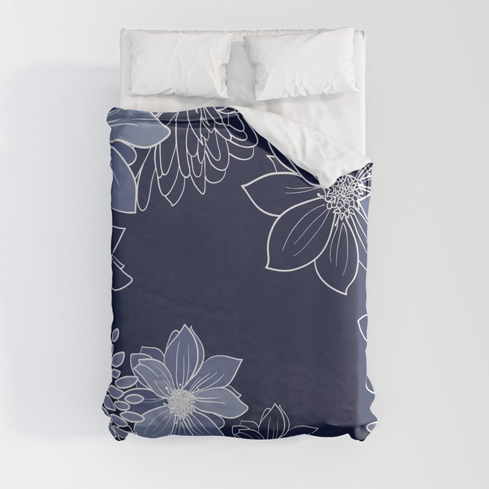 Floral Blooms and Line Art Flowers in Navy Blue Duvet Cover