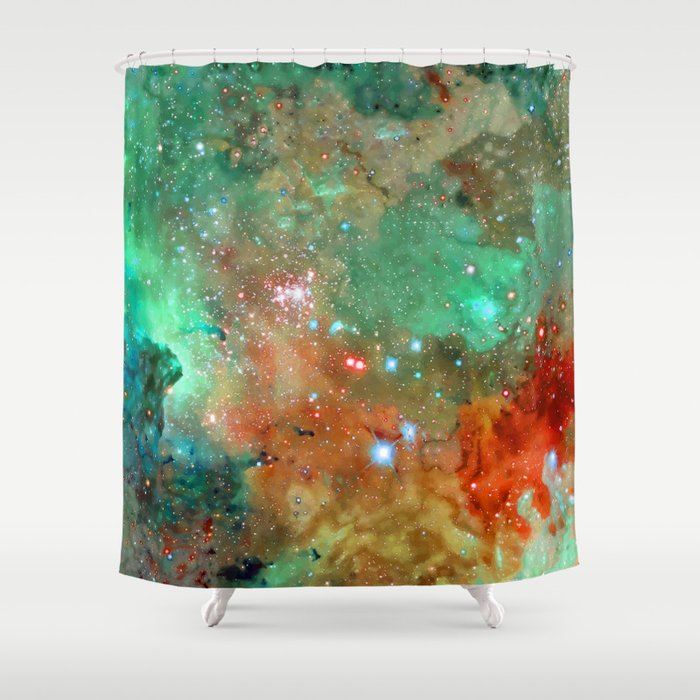 Colorful Cosmos | Teal & Dark Red Shower Curtain