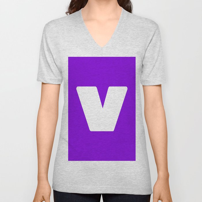 v (White & Violet Letter) V Neck T Shirt