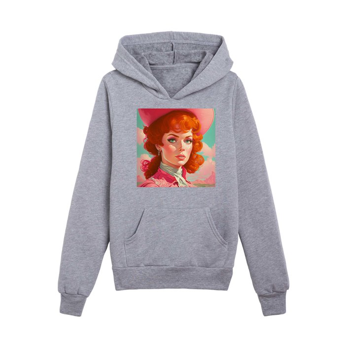 Vintage Pop Art Redhead Cowgirl in Montana Mountains Kids Pullover Hoodie