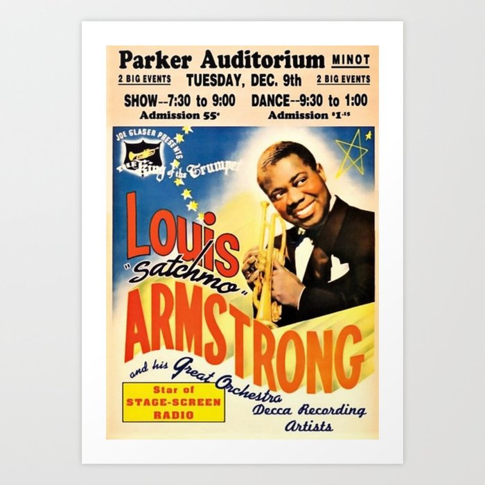 Louis Armstrong Parker Auditorium, Minot, North Dakota Satchmo Jazz Vintage Advertising Concert Poster Art Print