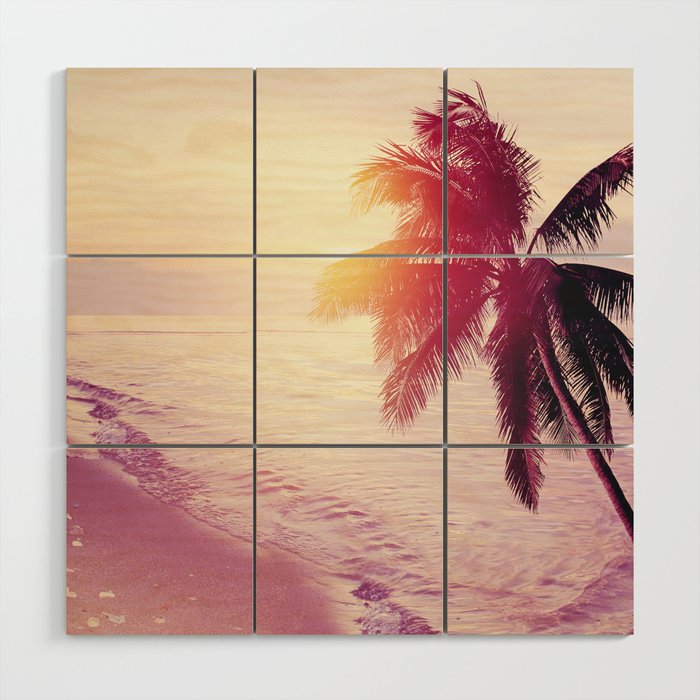 Tropical beach sunset background with palm tree silhouette. Vintage effect.  Wood Wall Art