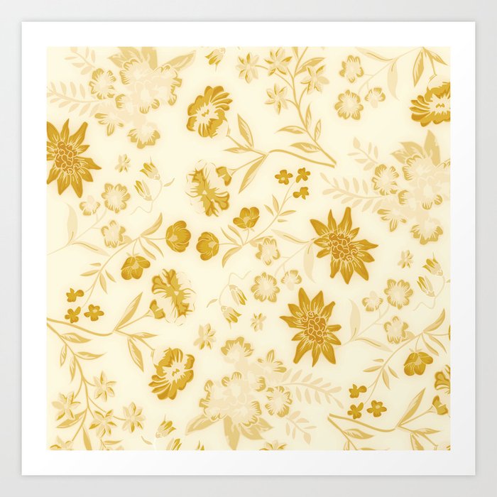 Peony Floral Retro Aesthetic Warm Gold Color Botanical Pattern Art Print