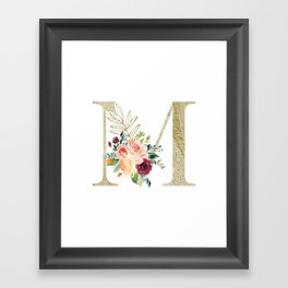 M Monogram Gold Foil Initial with Watercolor Flowers Framed Art Print