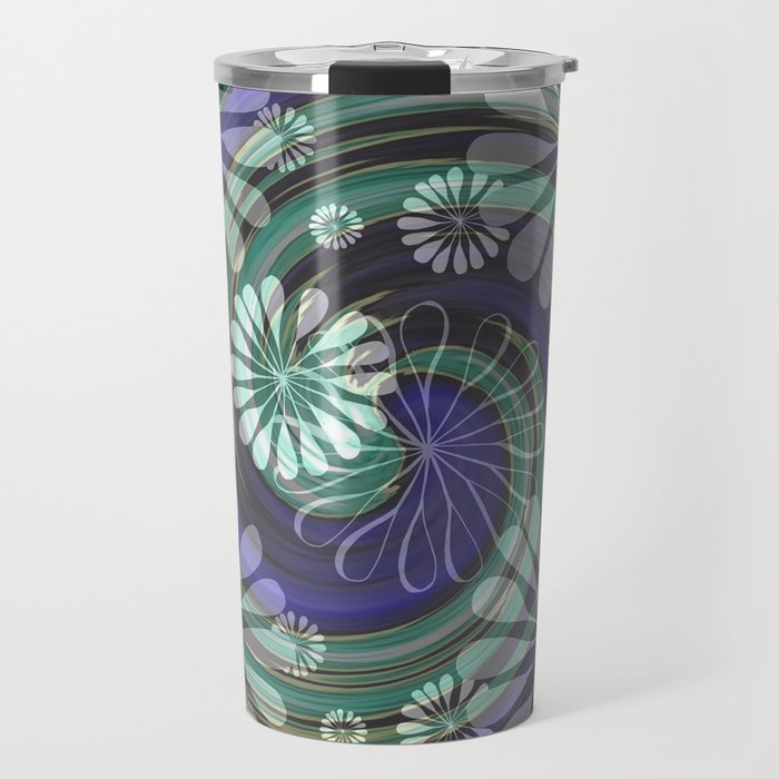 Floating White Flowers Over Green and Purple Swirls Travel Mug