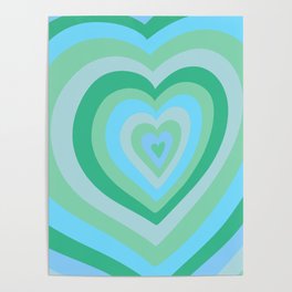 Retro Groovy Love Hearts - neon blue and bright green Poster