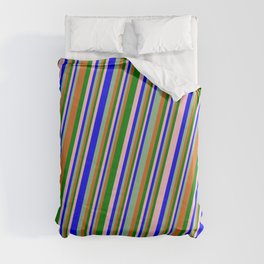 [ Thumbnail: Eyecatching Pink, Blue, Dark Sea Green, Chocolate, and Green Colored Pattern of Stripes Duvet Cover ]