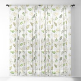 Watercolor ivory white green spring flowers Sheer Curtain