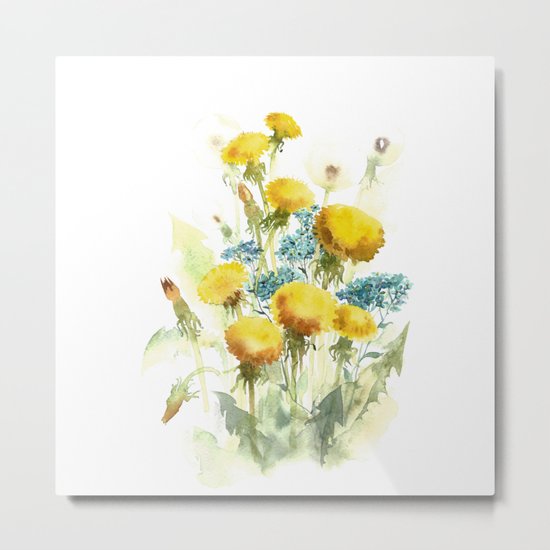 Watercolor flowers of blowball and forget-me-not Metal Print