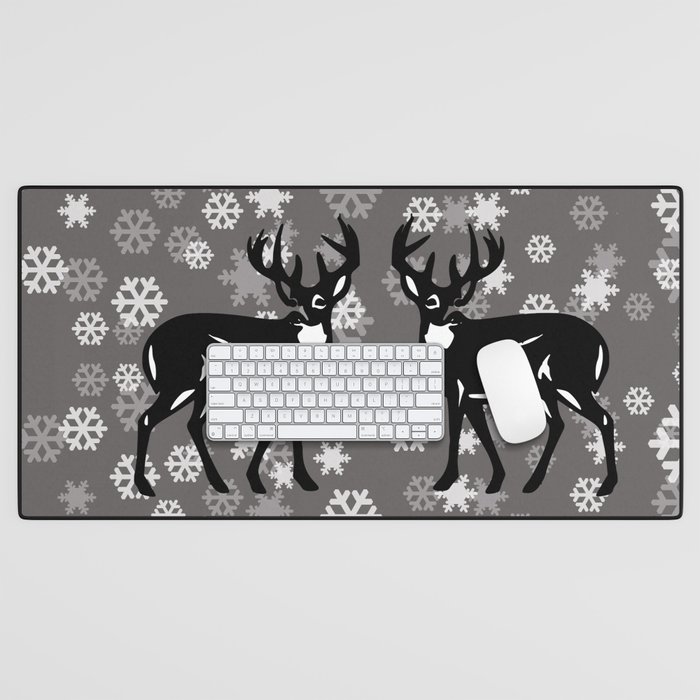 White Snowflakes with tow Reindeer - grey Christmas Design Desk Mat