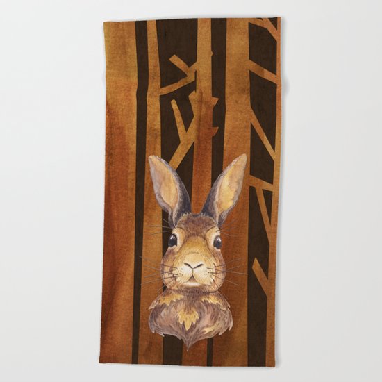 Rabbit in the forest- abstract animal hare watercolor illustration Beach Towel