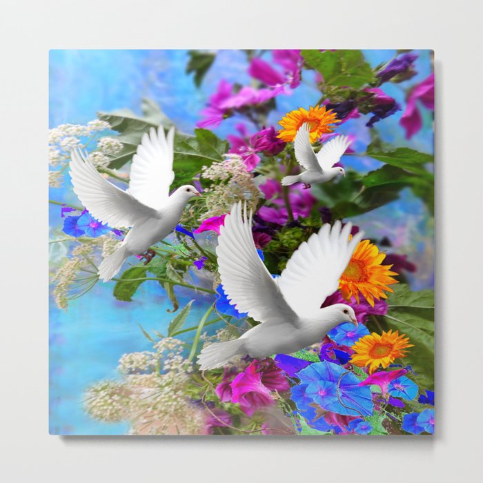 White Doves in Blue & Purple Garden Metal Print