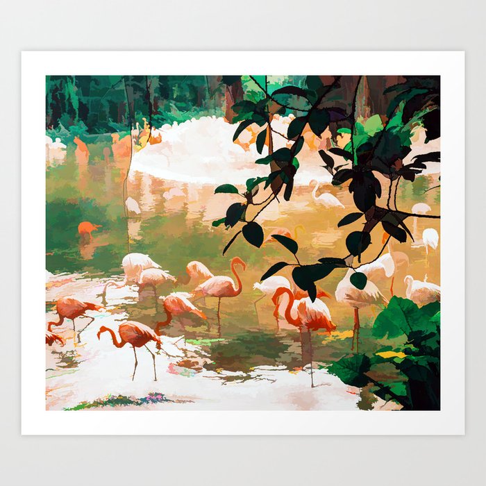 Flamingo Sighting, Jungle Nature Wildlife Birds Painting, Animals Forest Safari Illustration Art Print