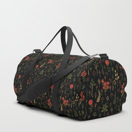 Green, Red-Orange, and Black Floral/Botanical Print Duffle Bag