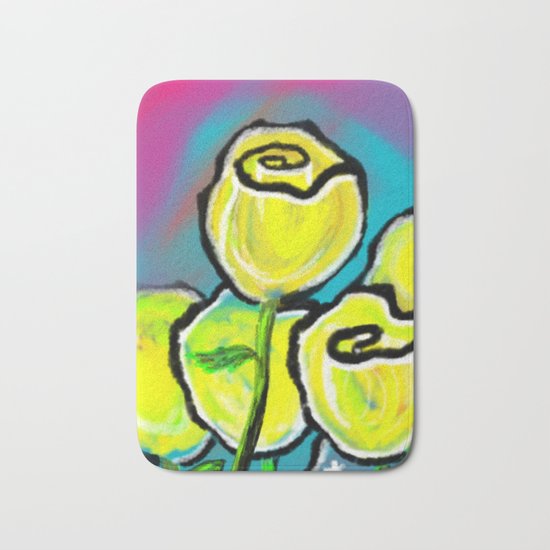 Colorful Yellow Rose Flowers with Purple Blue and Green Bath Mat