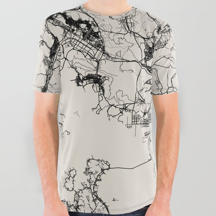 Busan, South Korea - City Map Drawing - Black and White All Over Graphic Tee
