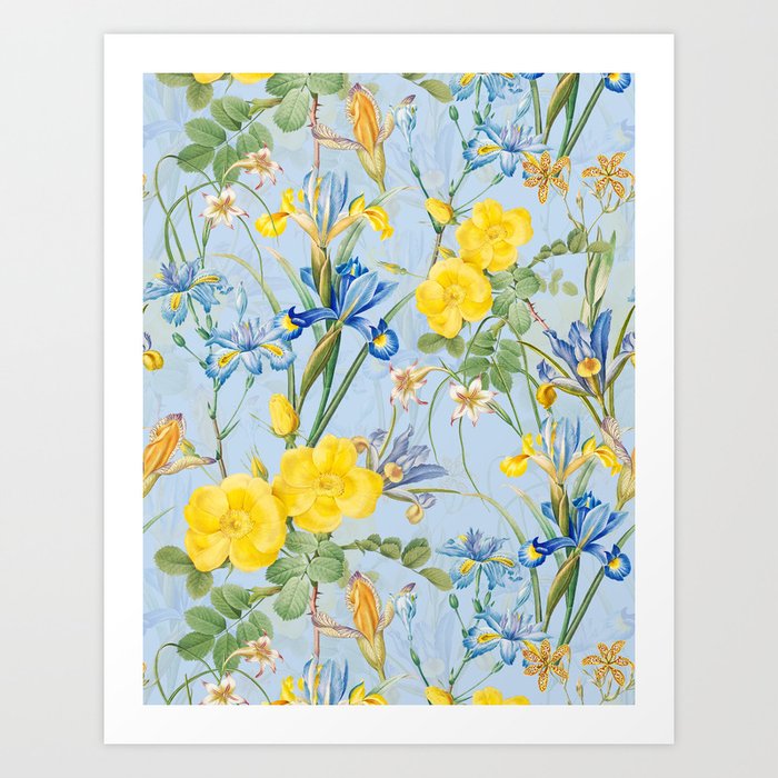Enchanting Blue Nostalgic Rose And Lilies Garden  Art Print
