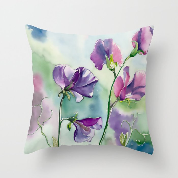 Sweet Pea Watercolour Painting Throw Pillow